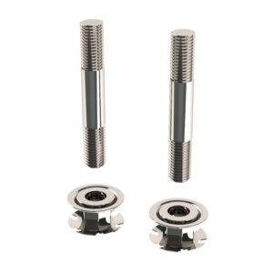 The Metro CRDD9972 Post Extension Hardware Kit for Super Erecta Shelving includes two shiny metal double-ended threaded studs and two silver lock nuts, all displayed on a plain white background.