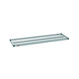 The Metro Super Erecta 1860NK3 Industrial Wire Shelf, measuring 18 x 60, boasts a Metroseal Green Epoxy finish and a minimalist grid design. Its striking appearance is enhanced by red diamond-shaped logos on the front corners against a plain white background.