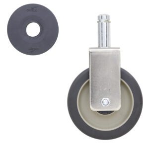 Two rubber wheels are shown. The larger one is a Metro 5MPR 5 Polyurethane Rigid Stem Caster for Super Erecta Industrial Wire Shelving Racks, featuring a gray outer rim with a lighter inner circle, attached to a metal swivel bracket. The smaller rubber piece is plain and embossed with METRO.