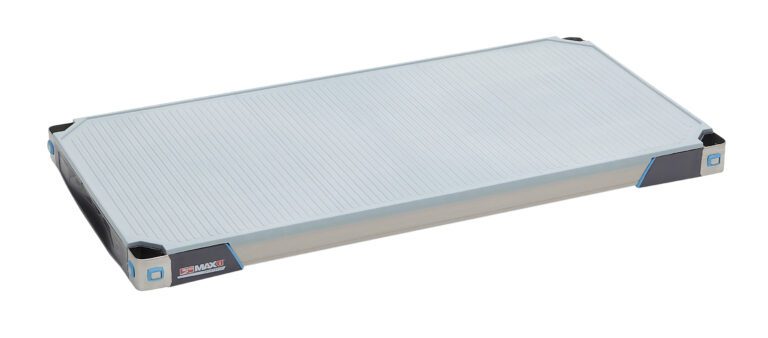The MetroMax i MX1836F, an 18 x 36 plastic industrial shelf with a solid mat, features a ribbed surface in light gray with black corners and blue accents, offering stability and durability for balance and exercise activities.