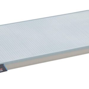 The MetroMax i MX1836F, an 18 x 36 plastic industrial shelf with a solid mat, features a ribbed surface in light gray with black corners and blue accents, offering stability and durability for balance and exercise activities.
