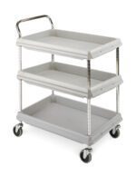 A three-tiered gray utility cart with wheels and a metal handle. Each shelf is rectangular and open with raised edges to prevent items from sliding off. The cart is designed for transporting various items easily.