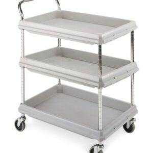 A three-tiered gray utility cart with wheels and a metal handle. Each shelf is rectangular and open with raised edges to prevent items from sliding off. The cart is designed for transporting various items easily.