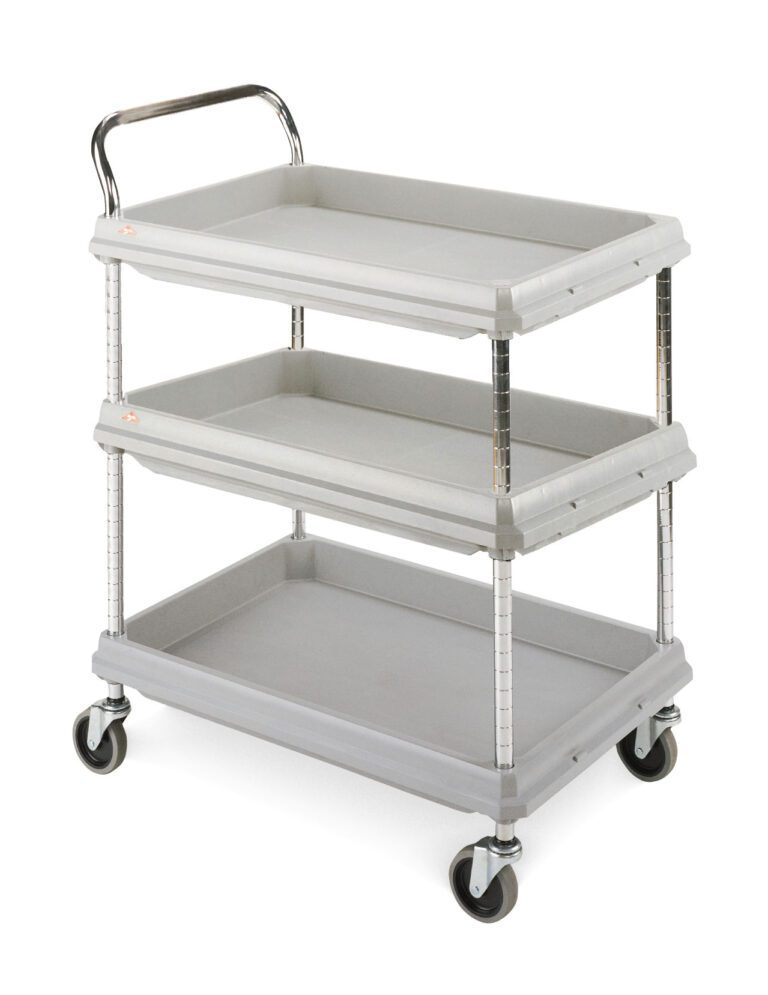 tc2uh3418mkdust5pi17jxe82up1popz.jpg A three-tiered gray utility cart with wheels and a metal handle. Each shelf is rectangular and open with raised edges to prevent items from sliding off. The cart is designed for transporting various items easily.