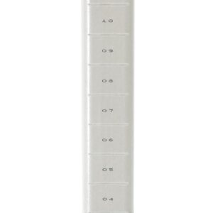 A detailed view of a vertical measuring tool marked from 0.4 to 0.8 in a lab environment, resting on a polymer base like the MetroMax MX74P Industrial Shelving Post, which stands at 74 H.