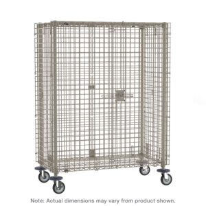 The Metro MQSEC56DE MetroMax Mobile Security Shelving Unit is a large, rectangular metal mesh cage on four wheels, measuring 27.8125 x 64.75 x 67.8125. It features a secure door latch for easy storage or transport, though sizes may vary slightly from those shown.