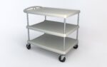 The Metro MY2636-35G myCart Series 3-Shelf Utility Cart is a stylish gray cart with three tiers and a top handle. It has sturdy metal bars, four black wheels, and is sized at 26 x 36, ideal for versatile use against a plain white background.