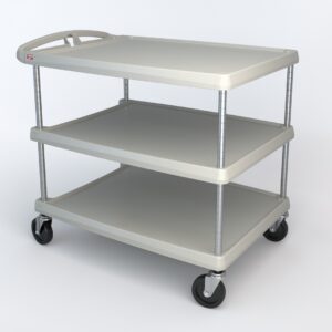 The Metro MY2636-35G myCart Series 3-Shelf Utility Cart is a stylish gray cart with three tiers and a top handle. It has sturdy metal bars, four black wheels, and is sized at 26 x 36, ideal for versatile use against a plain white background.