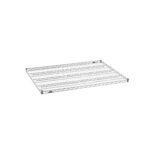 The Metro Super Erecta 3648NC Industrial Wire Shelf, Chrome, 36 x 48, boasts a sleek rectangular design with a robust chrome finish, ideal against a pristine white backdrop.