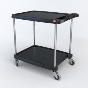 The Metro MY2030-24BL myCart Series 2-Shelf Utility Cart in black measures 20 x 30, features two tiers with strong metal poles, and moves effortlessly on four swivel wheels, complete with a side handle and a small red label on the top shelf.