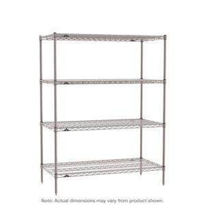 The Metro SE-243663K4-S-4 Super Erecta Industrial Wire Shelving Unit has a sturdy metal frame with a Metroseal Gray Epoxy finish. It features four adjustable shelves, an open design for ventilation and visibility, and robust vertical poles. Dimensions are 24 x 36 x 63.