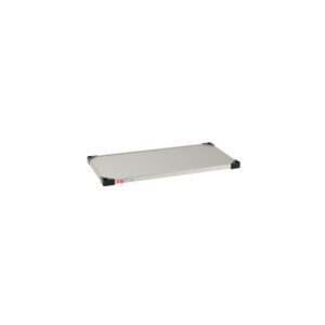 A flat, rectangular warming tray with a Standard Stainless Steel-like metallic surface and black corner accents features a control panel with a red power switch and temperature settings, similar in precision to the Metro 1836FS Super Erecta Solid Shelf.