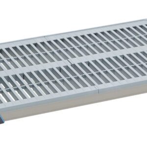 The MetroMax i MX1836G Plastic Industrial Shelf with Grid Mat, measuring 18 x 36, features a grid-like surface and reinforced corners. Its sleek design includes blue accents and prominently displays the brand name on the side, providing style and functionality.