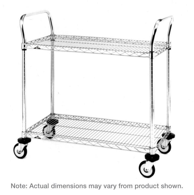 xou9m541gwniwujz2ouz4p52rz4w61u4.jpg The Metro MW611 MW Series Utility Cart, measuring 24 x 36 x 39, includes two chrome wire shelves and four swivel casters for ample storage. It features two vertical handles. Note: Actual dimensions may vary from product shown.