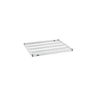 Showcased on a white backdrop, the Metro Super Erecta 3036NC Industrial Wire Shelf features a sleek chrome finish and rectangular metal grid design, combining functionality with modern aesthetics in its 30 x 36 frame.