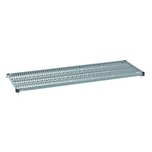 The MetroMax Q MQ2472G Plastic Industrial Shelf, sized 24 x 72, features a grid-pattern mat for ventilation and four corner supports, making it versatile for shelving or storage systems.