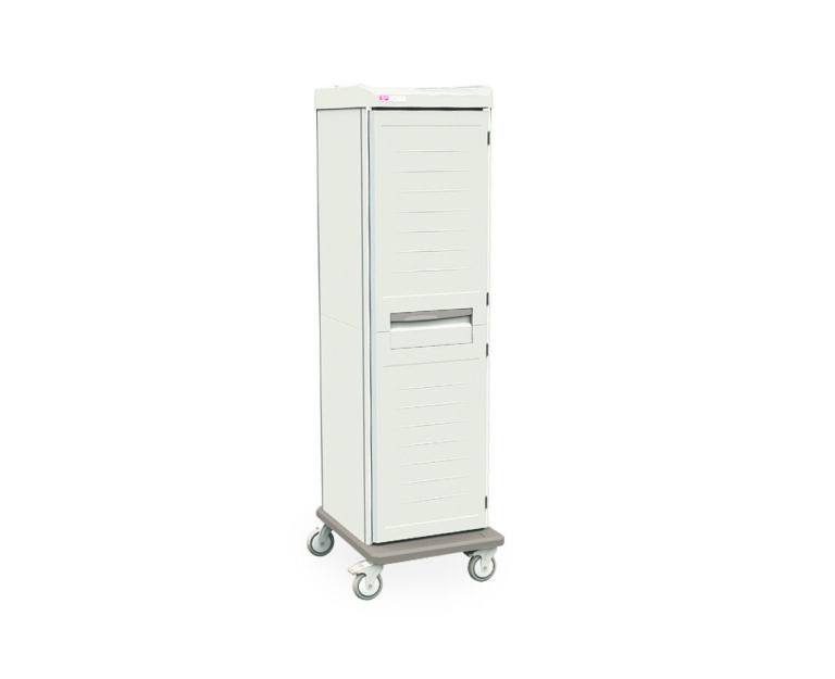The Metro SXRS76CM5 Starsys Mobile Supply Cabinet, a sleek white medical storage unit with a ventilated door and central handle, stands elegantly against a white background on four wheels for easy mobility.