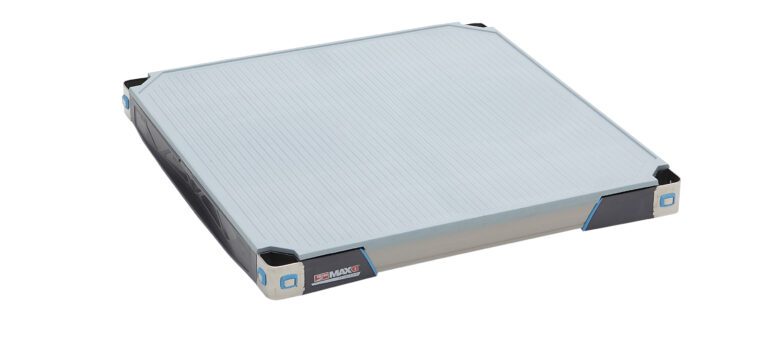 A square pallet with a ribbed surface and reinforced corners, designed for heavy-duty use. Its sleek aesthetic combines light and dark colors with blue accents, perfectly complementing MAXs plastic shelving units. The brand name MAX is prominently displayed on the side.