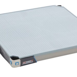 A square pallet with a ribbed surface and reinforced corners, designed for heavy-duty use. Its sleek aesthetic combines light and dark colors with blue accents, perfectly complementing MAXs plastic shelving units. The brand name MAX is prominently displayed on the side.