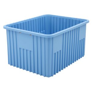 The Metro TB93120BAS Static Dissipative Polypropylene Tote in blue, measuring 22.5 x 17.5 x 12, is a large, empty rectangular bin with vertical ridges and rounded top edges, ideal for efficient space organization.