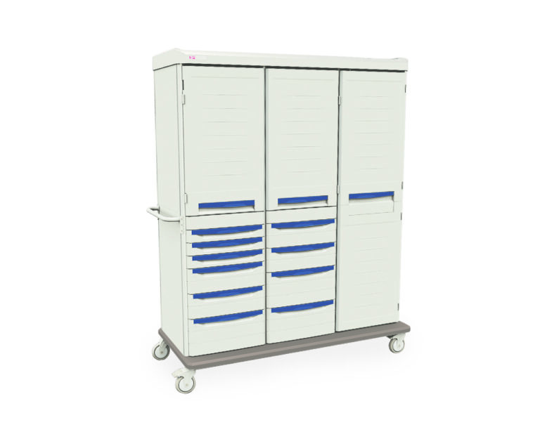 The Metro SXRTGS2 Starsys Mobile Supply Cabinet is a tall, white medical cart with four sections: blue-handled drawers on the left and center, secure doors on the right, and it moves easily on four wheels with a side handle for easy transport.