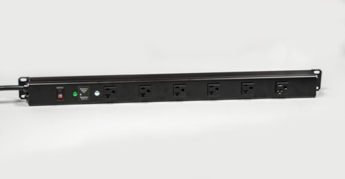 14-91118807.jpg A black rack-mount power strip with six outlets and a green indicator light is positioned against a plain white background.