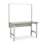 A minimalist workbench featuring a smooth, dark tabletop and grey metal frame embodies the essence of high-quality laboratory furniture. Its vertical metal rod structure is ideal for analytical testing tools, while the clear floor space complements its industrial design.