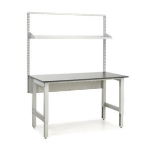 A sturdy workbench with a gray metal frame and a dark tabletop, perfect for high-quality laboratory furniture. It features an upper shelf supported by two vertical metal bars, making it ideal for practical use in workshops or analytical testing labs.