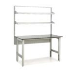 A gray workbench featuring a sleek black tabletop and two upper shelves mounted on a vertical frame. This piece, often found as clean room equipment, stands sturdily on four legs against a plain white background, embodying both functionality and industrial elegance.