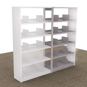 The Aurora Quik-Lok Shelving Add-On Unit, 64 tall, stands on the beige patterned carpet. This double-sided white unit has 12 letter-size shelves with dividers on each side, providing five open compartments for efficient organization.