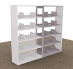 The Aurora Quik-Lok Shelving Add-On Unit, 64 tall with five openings, is a white double-sided bookshelf featuring adjustable shelves, dividers, and a minimalist design. Placed on beige geometric carpet, it offers ample storage for legal-size books or files.