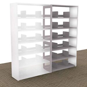 A large, white Aurora Quik-Lok Shelving Add-On Unit with 6 openings stands 76 tall on a beige carpeted floor. Its multiple empty shelves and dividers create an organized, modern look that is beautifully emphasized by the plain background.