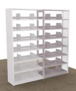 The Aurora Quik-Lok Shelving Add-On Unit, featuring seven openings and a height of 76 inches, is a large, white double-sided bookshelf with multiple empty horizontal shelves divided by vertical partitions, standing stylishly on light brown grid-patterned carpet.