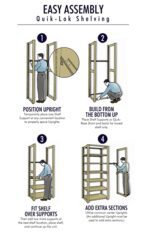 The illustration shows assembling Aurora Quik-Lok Shelving, 76 tall and 18 deep. Step 1: Position uprights. Step 2: Assemble from the bottom with support bars. Step 3: Place adjustable shelves on supports. Step 4: Expand your starter unit for up to six openings as needed.