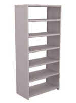 The Aurora Quik-Lok Shelving is a white, heavy-duty steel unit that stands 76 tall and 18 deep. It features six adjustable openings and holds up to 350 lbs per shelf, ensuring strength and stability with its plain design.