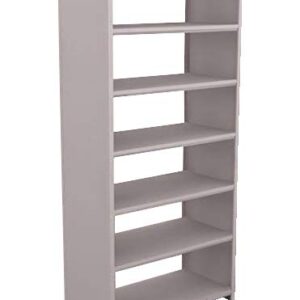 The Aurora Quik-Lok Shelving is a white, heavy-duty steel unit that stands 76 tall and 18 deep. It features six adjustable openings and holds up to 350 lbs per shelf, ensuring strength and stability with its plain design.