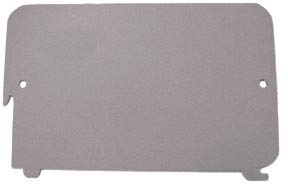 A rectangular, light gray, textured metal plate with two round holes and one small notch along its edges.