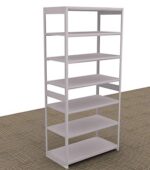 The Aurora Quik-Lok Shelving Unit, 76 tall with six openings and a 24 depth, stands on a tan patterned carpet. Its sleek white metal design is perfect for versatile storage or display.