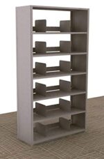 A 64 tall gray metal Aurora Quik-Lok Shelving Starter Unit with six openings is set on a carpeted floor. It has five adjustable shelves and removable metal dividers, perfect for organizing items up to 15 legal size efficiently.