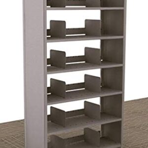 The 76 tall Aurora Quik-Lok Shelving Starter Unit offers 6 openings with five adjustable shelves and metal bookends, perfect for organizing 15 legal-size items on a carpeted floor.