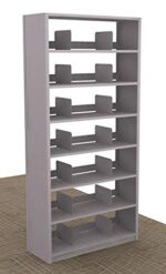 The Aurora Quik-Lok Shelving Starter Unit stands 76 tall with 7 openings, suited for legal-size storage. This gray, versatile bookshelf with adjustable dividers is perfect for organizing on a carpeted floor.