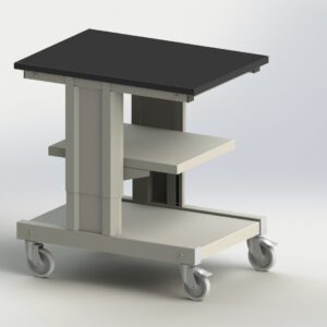 A metallic rolling cart with a black top surface, featuring two lower shelves in a light gray color. The cart has four swivel caster wheels for mobility. The design is modern and minimalist, suitable for office or workshop use.