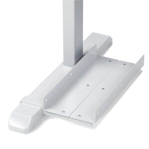 Close-up of a metallic, light gray bracket or mount, possibly a part of a furniture piece or stand. It features several screw holes and is positioned at the base of a vertical structure, supported by horizontal extensions for stability.