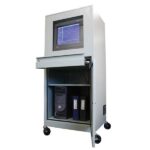 A white mobile computer workstation with a data-displaying monitor, pull-out drawer, and binders neatly organized above the Vulcan VI FULL REAR DOOR CAB TX GRY securely housing a desktop tower.