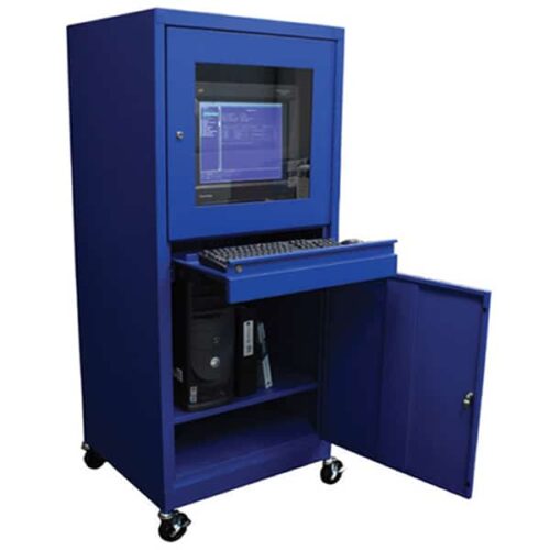 Comp-Cabinet-Half-Door-Blue-1012793.jpg The Vulcan VI HALF REAR DOOR CAB TX GRY features a blue industrial design on wheels with a pull-out keyboard tray, windowed top for screen visibility, and an open lower compartment that showcases the CPU tower with its half rear door ajar.