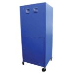 The Vulcan VI HALF REAR DOOR CAB TX GRY is a blue metal storage cabinet on wheels with a vented top section and a closed bottom section. Set against a white background, it seamlessly combines functionality with style.