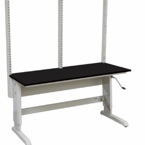 An adjustable workbench with a black tabletop and a white metal frame embodies laboratory design. It features a crank handle for height adjustment and vertical supports at the back, offering a clean, minimalist aesthetic.