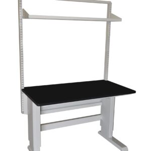 The Treston 30 x 48 Concept Manual desk features a height-adjustable, sleek black phenolic top and white frame, complemented by a modern overhead 11.81D shelf with 53.5H single bay uprights.