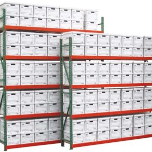 Metal shelving units filled with white cardboard storage boxes. The shelves are organized in two sections, with each having multiple rows stacked vertically. Each box has a handle cutout for easy access.