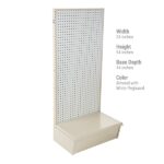 The Vulcan SP Gondola 24 x 54 Almond* display unit includes a white pegboard and measures 24W x 54H x 14D, making it perfect for efficient merchandise showcasing with its solid base and vertical pegboard.